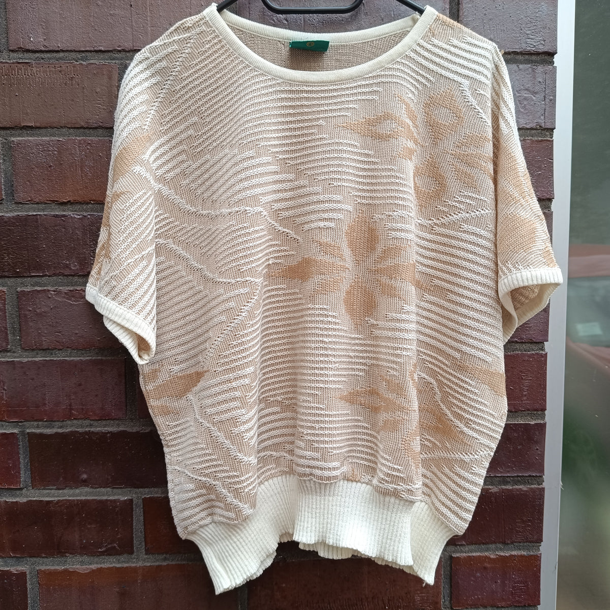 Vintage Short Sleeve Knit Top - 80s Textured Cream Sweater S/M