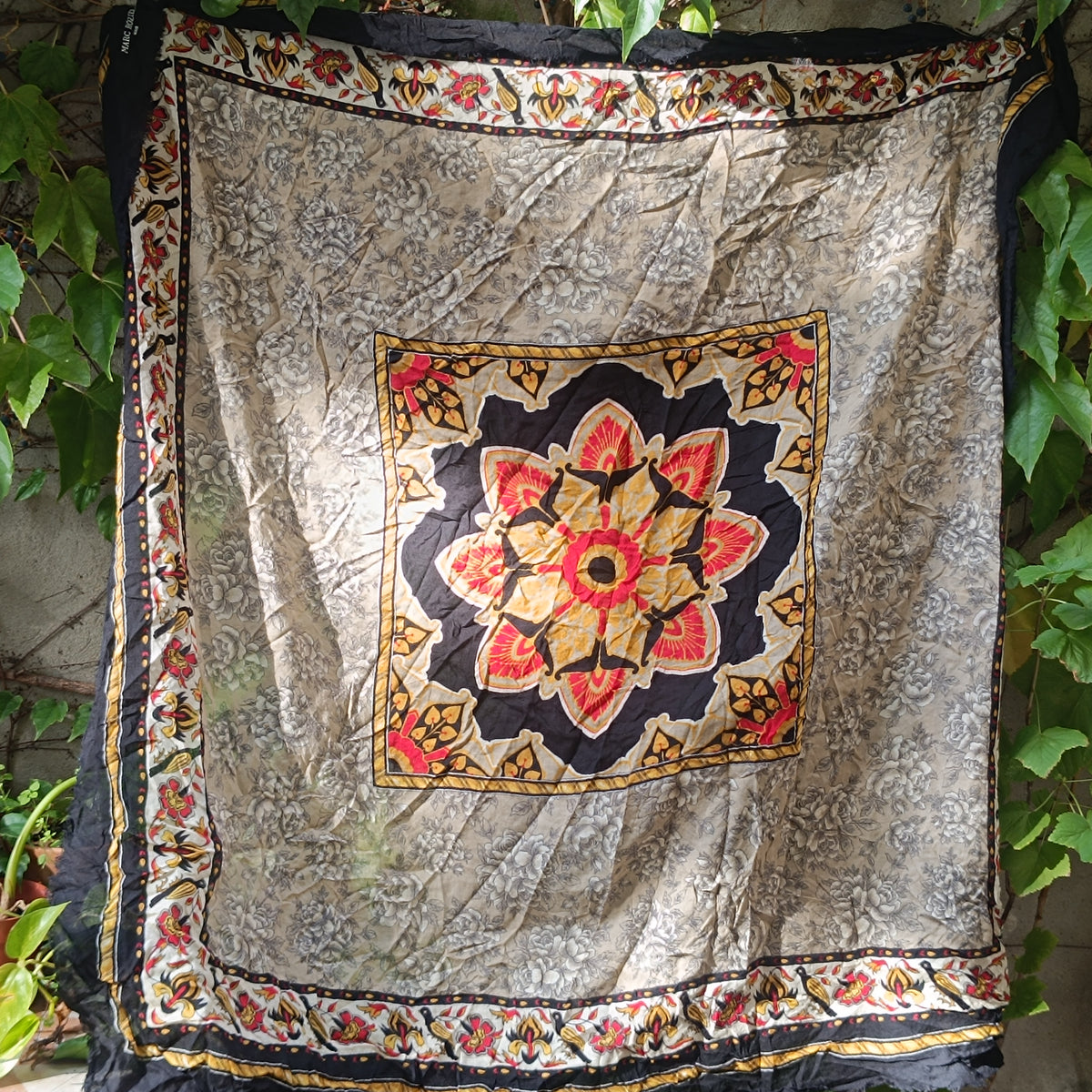 Marc Rozier Paris Vintage Scarf - Floral Mandala Wool Blend Wrap - Black Gold