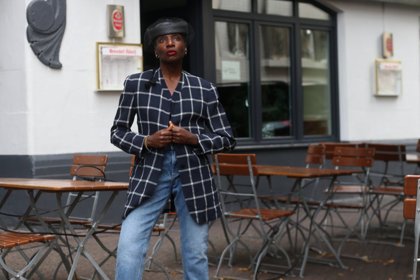 Vintage 80s Navy Plaid Blazer | Oversized Boxy Windowpane Jacket