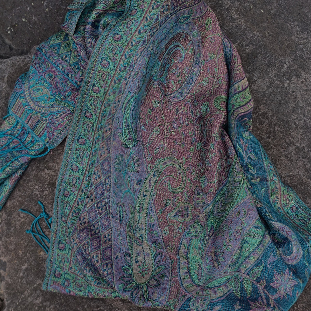 Teal and Purple Paisley Patterned Scarf with Fringe