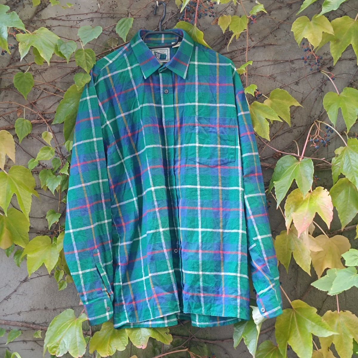 Vintage Plaid Shirt | 90s Green Blue Cotton Button Down | L