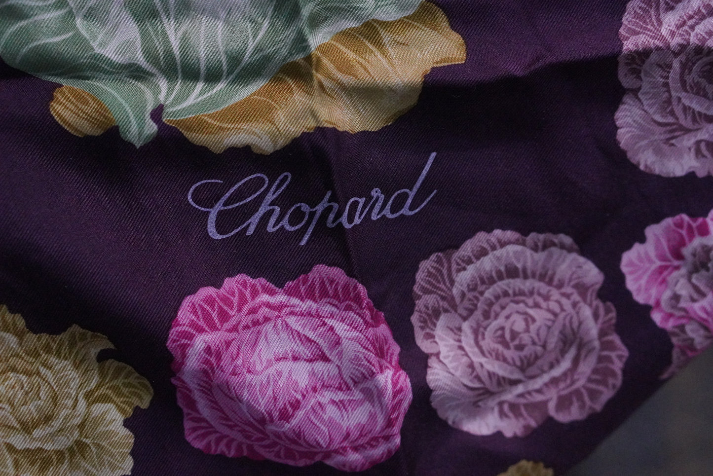 Chopard Scarf Vintage Silk Purple Floral Cabbage Print Logo Designer Headscarf
