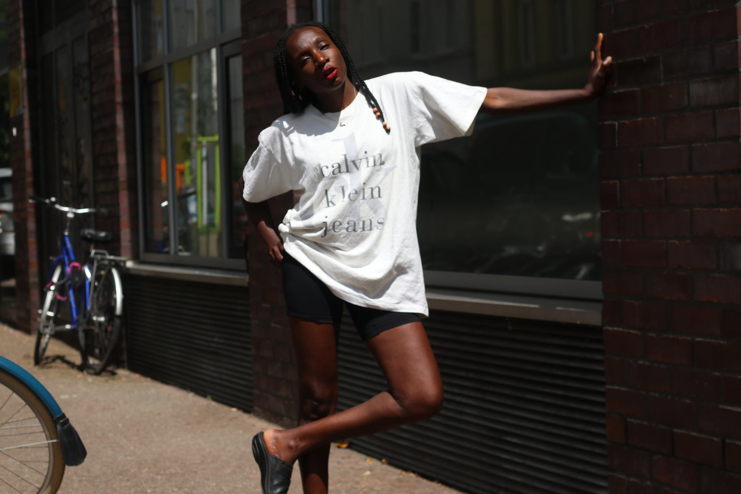 Vintage 90s Calvin Klein Jeans Tee L Cream Beige cK Big Logo Single Stitch T-Shirt