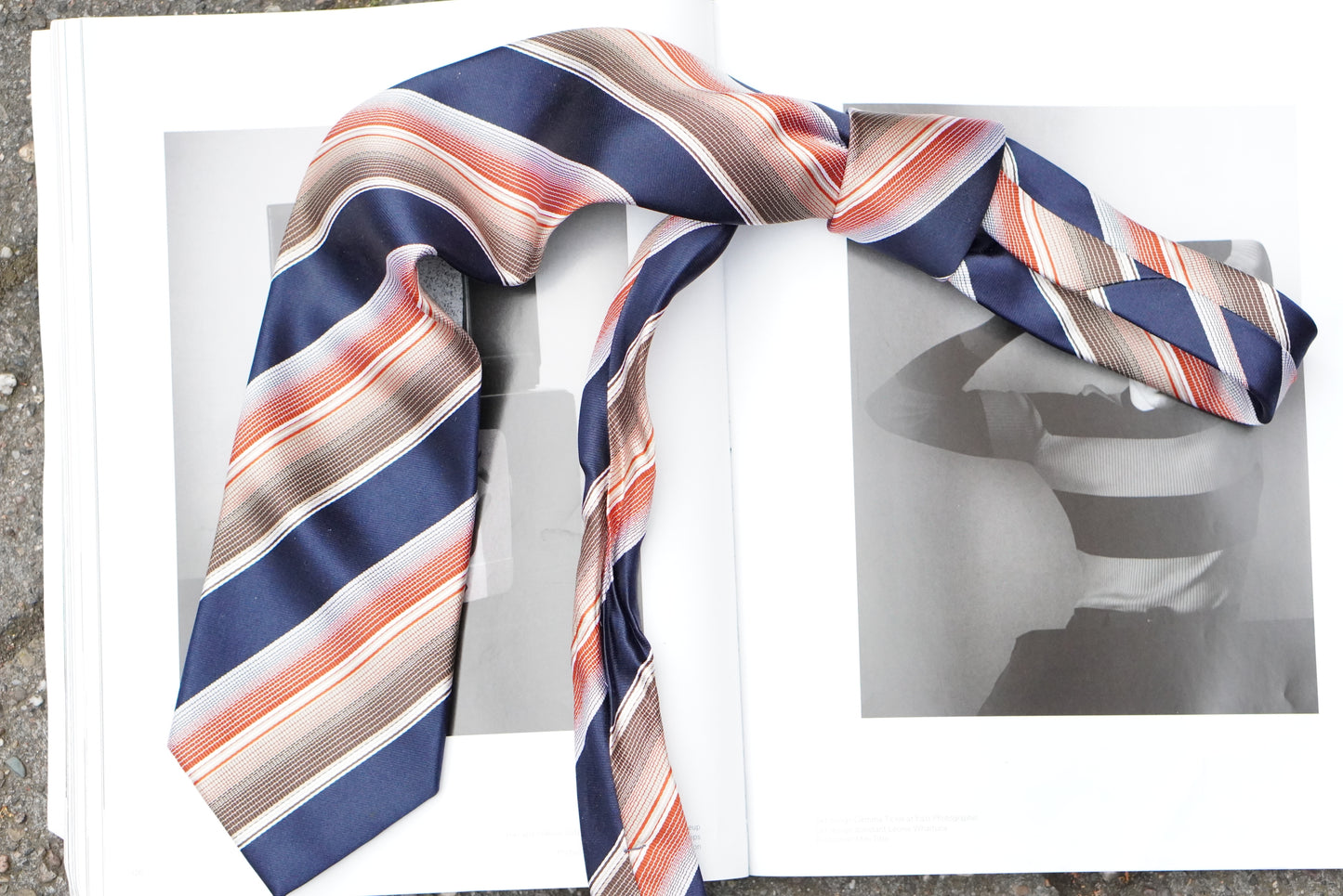 Vintage 1980s Silk Tie Navy Blue Orange Striped Necktie Retro Academic Preppy