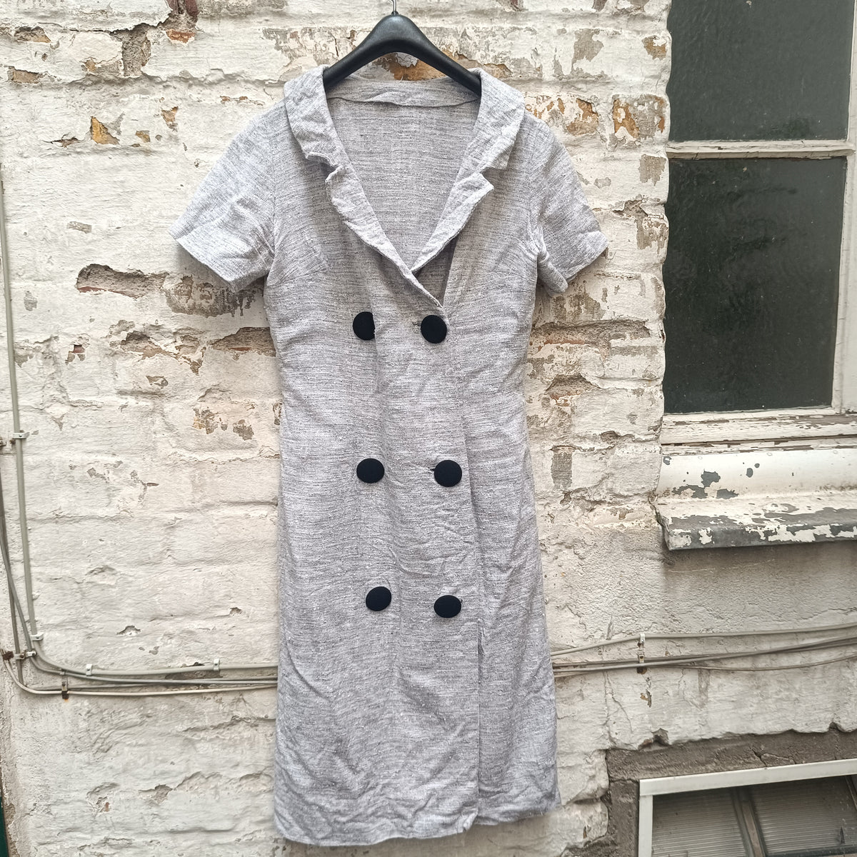 Linen Look Dress | 70s Vintage Double Breasted Midi | Light Grey S/M