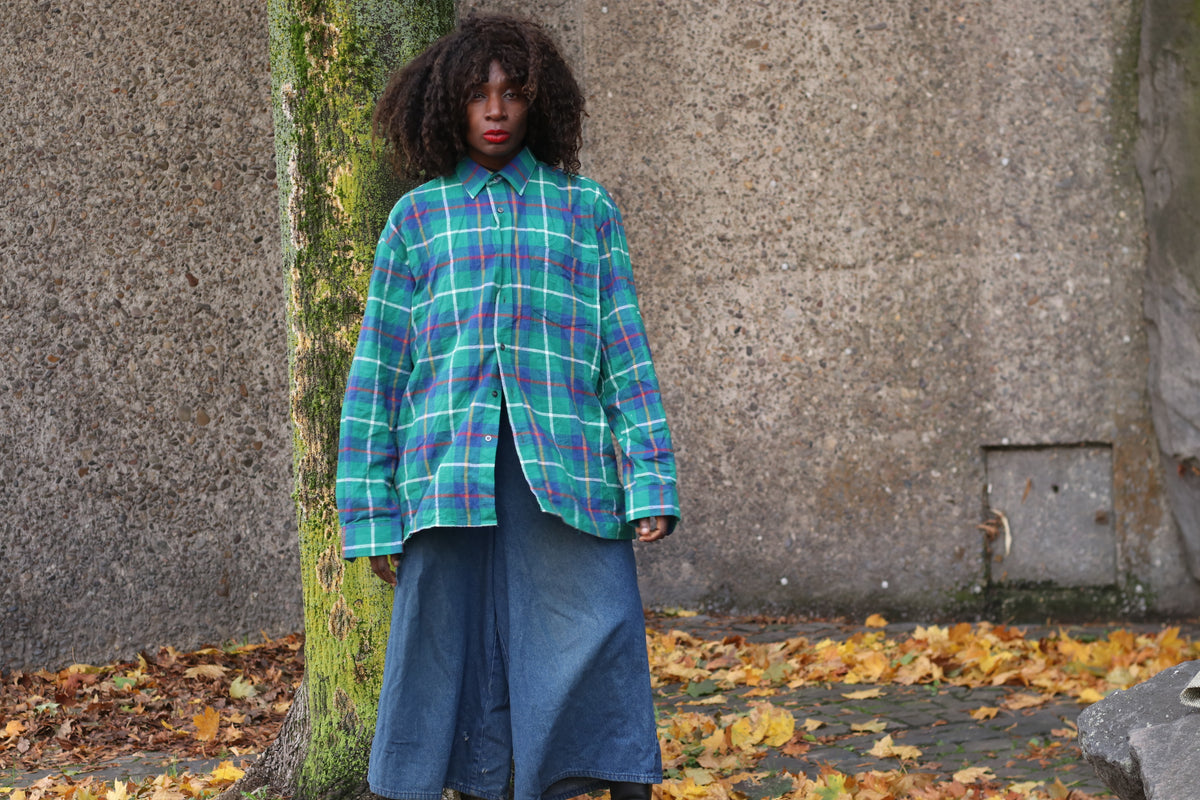 Vintage Plaid Shirt | 90s Green Blue Cotton Button Down | L