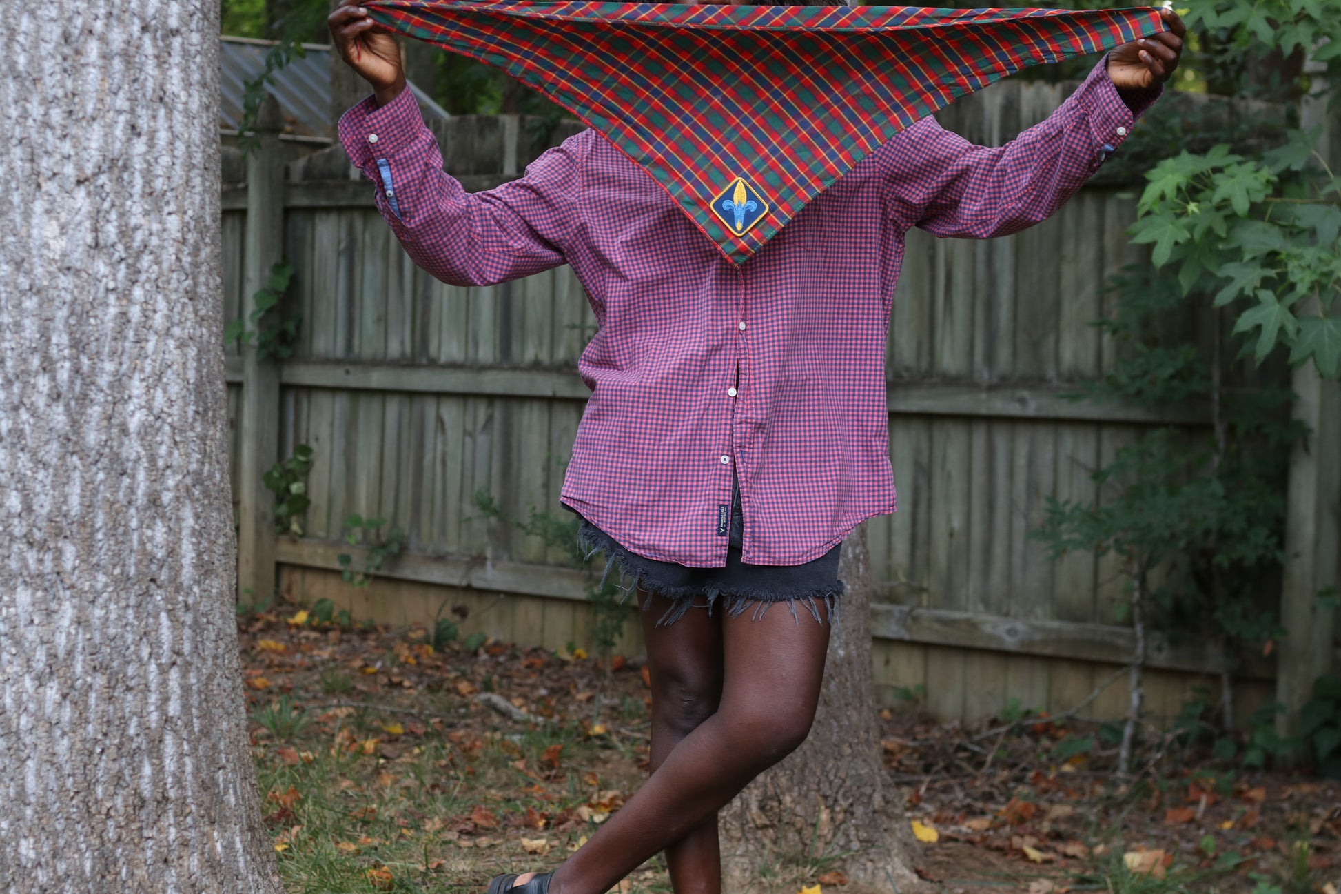 Vintage Plaid Bandana Neck Scarf - Retro Fleur de Lis Scout Bandana