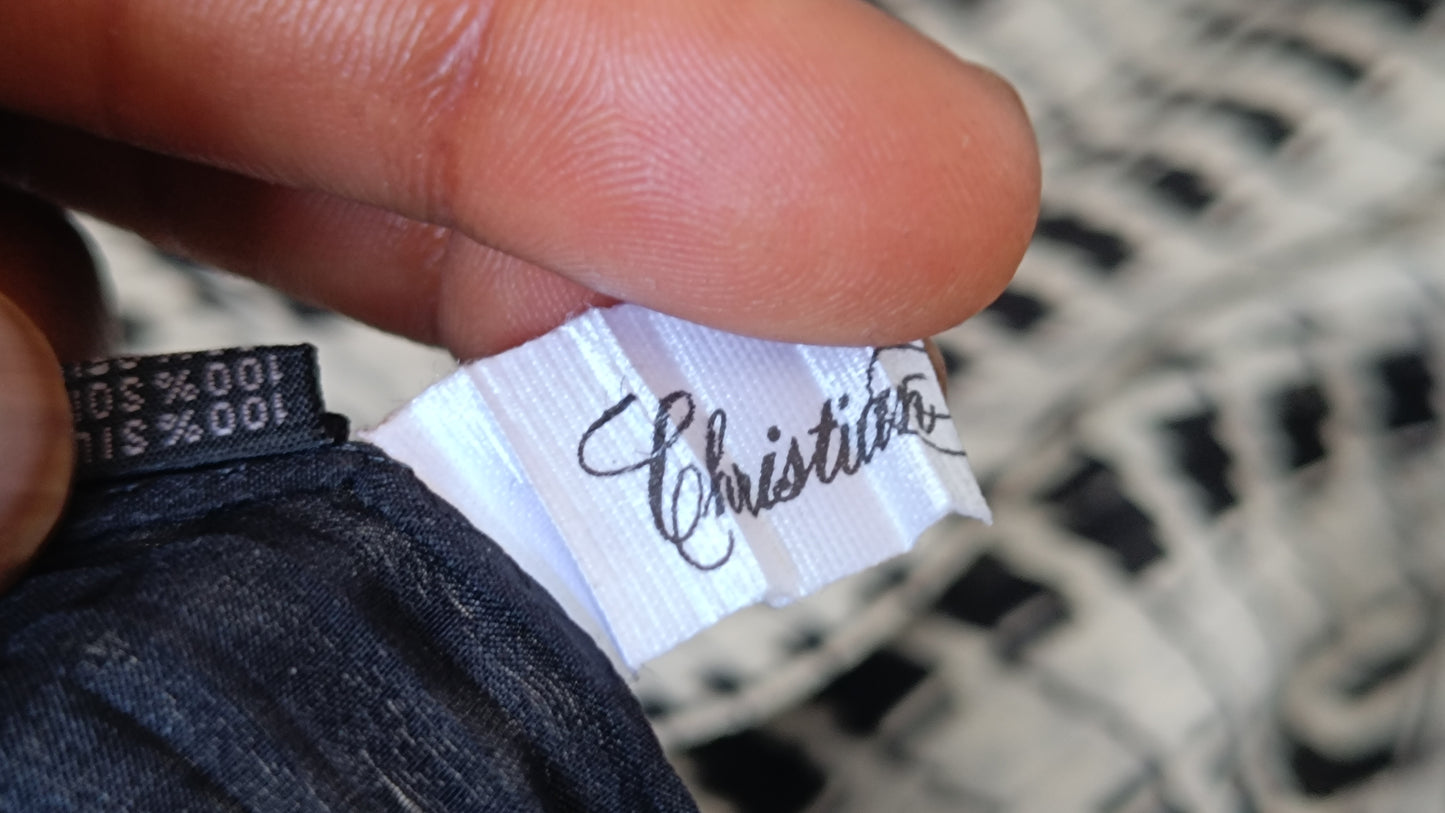 Vintage Christian Fischbacher Silk Scarf Black White Houndstooth Pleated Tie