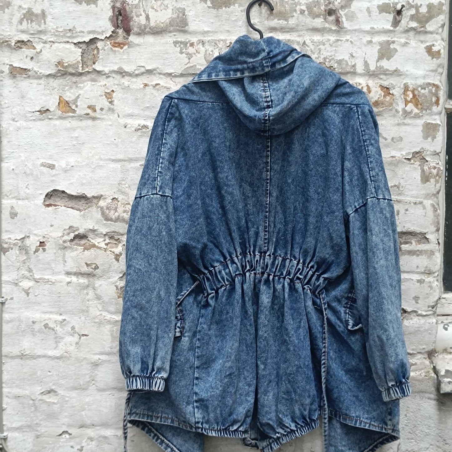 Vintage 80s Acid Wash Denim Jacket Hooded Wrap Coat Blue Jean Parka OshKosh S M