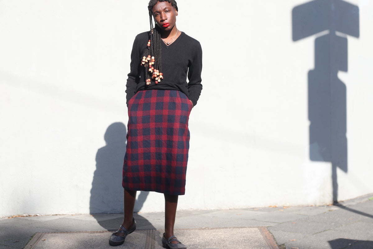 Vintage Plaid Wool Pencil Skirt | 90s Red Navy Midi Skirt XS to S