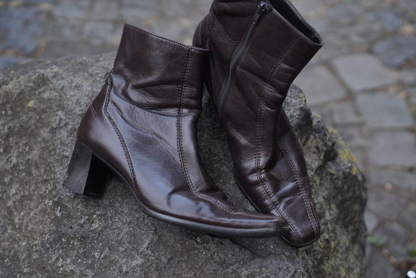 Vintage Paul Green Leather Ankle Boots - 90s Brown Square Toe Heel UK 8 EU 42