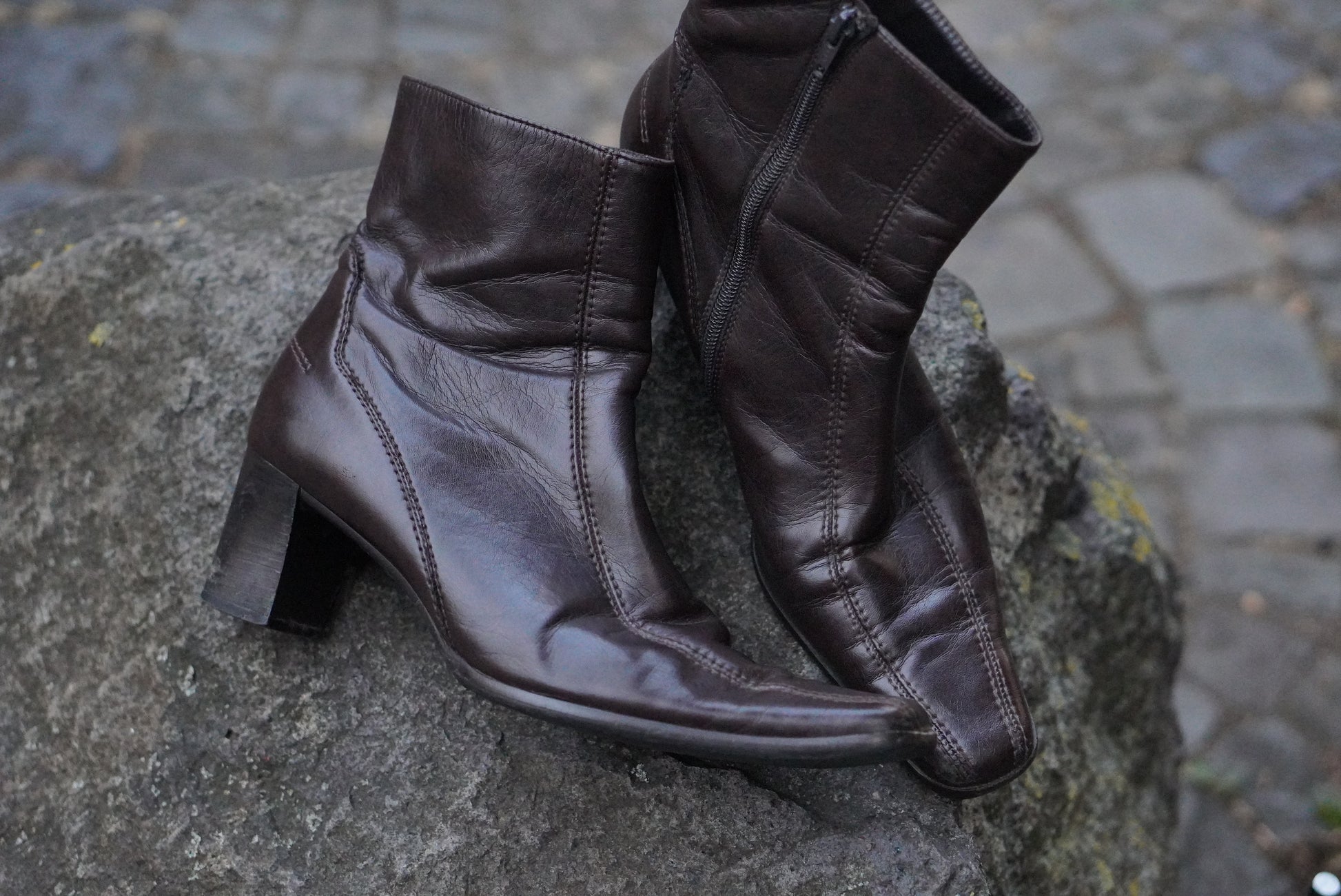 Vintage Paul Green Leather Ankle Boots - 90s Brown Square Toe Heel UK 8 EU 42