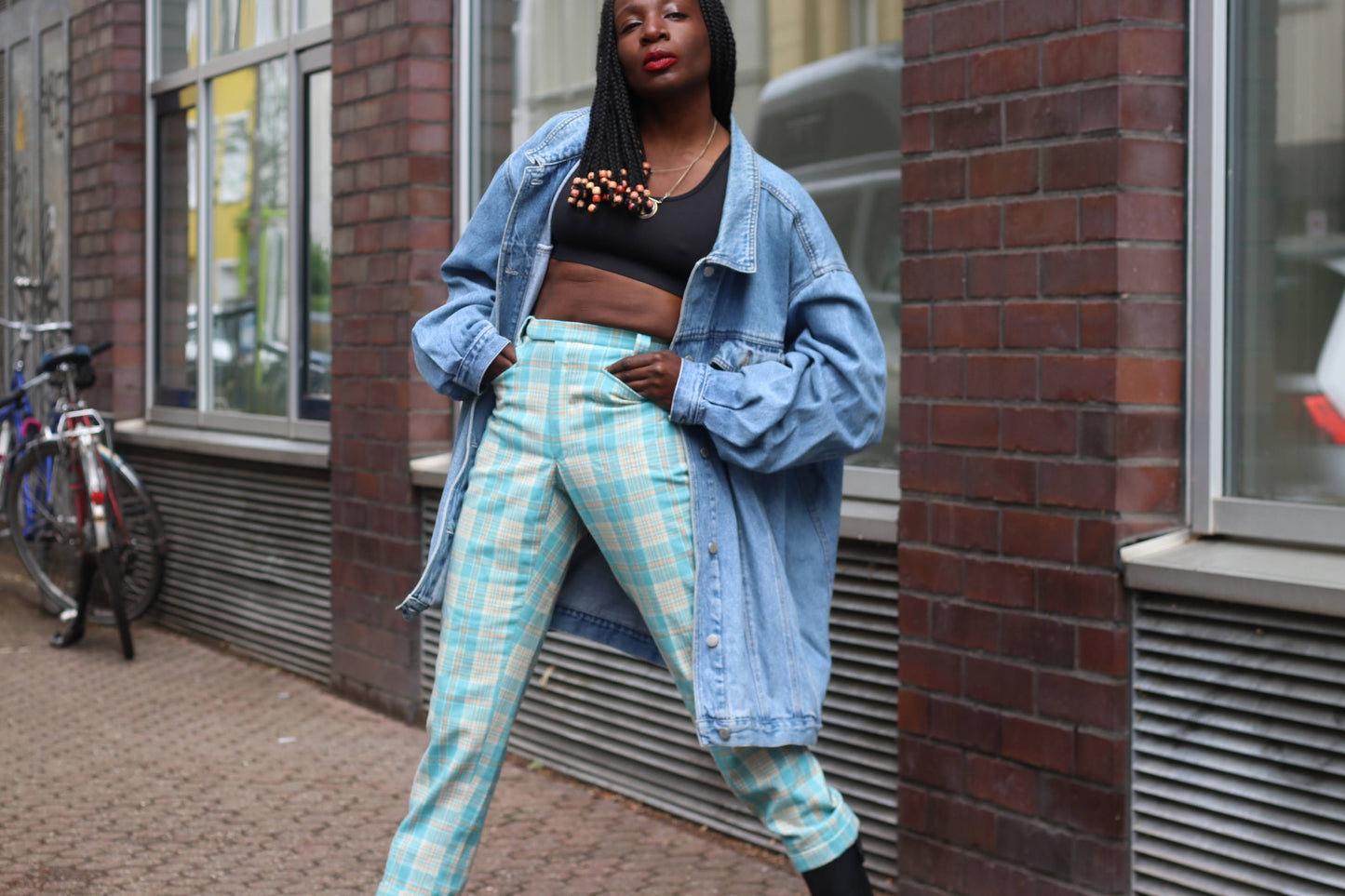 Vintage 70s Plaid Trousers | Turquoise High Waist Check Pants