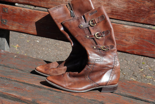 Tamaris Vintage 90s Brown Leather Knee High Boots Brogue Detail Riding Boots 41