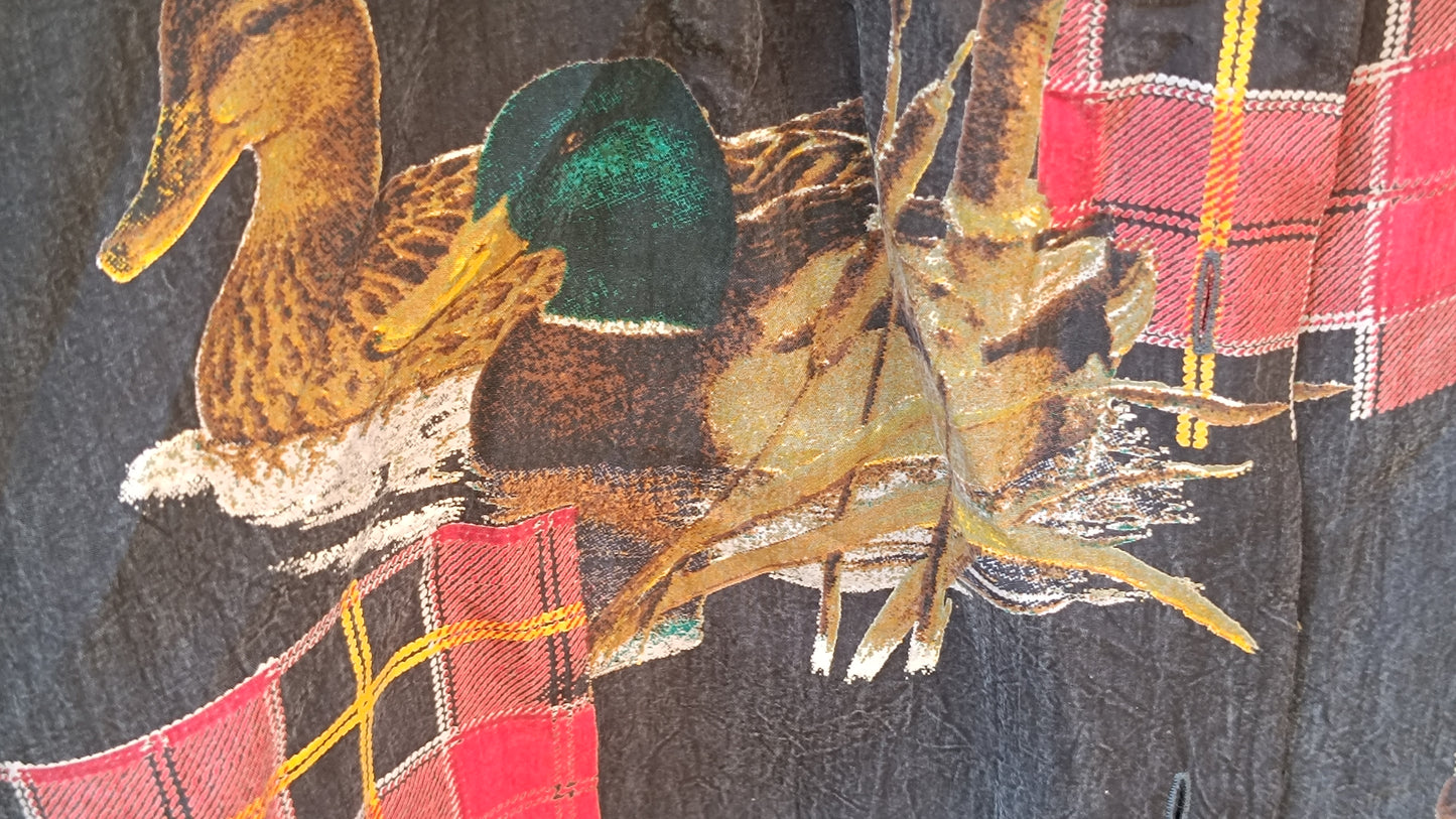 Vintage 90s Duck Pattern Shirt - Retro Plaid Button Up Blouse - L