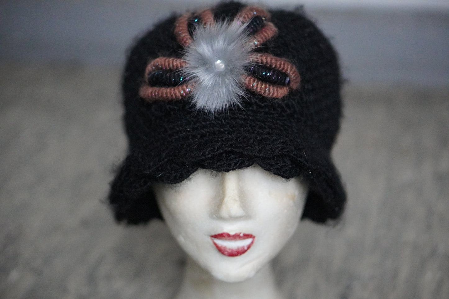 Cloche Hat 1920s Style Black Knit - Floral Fuzzy Accent Winter Hat