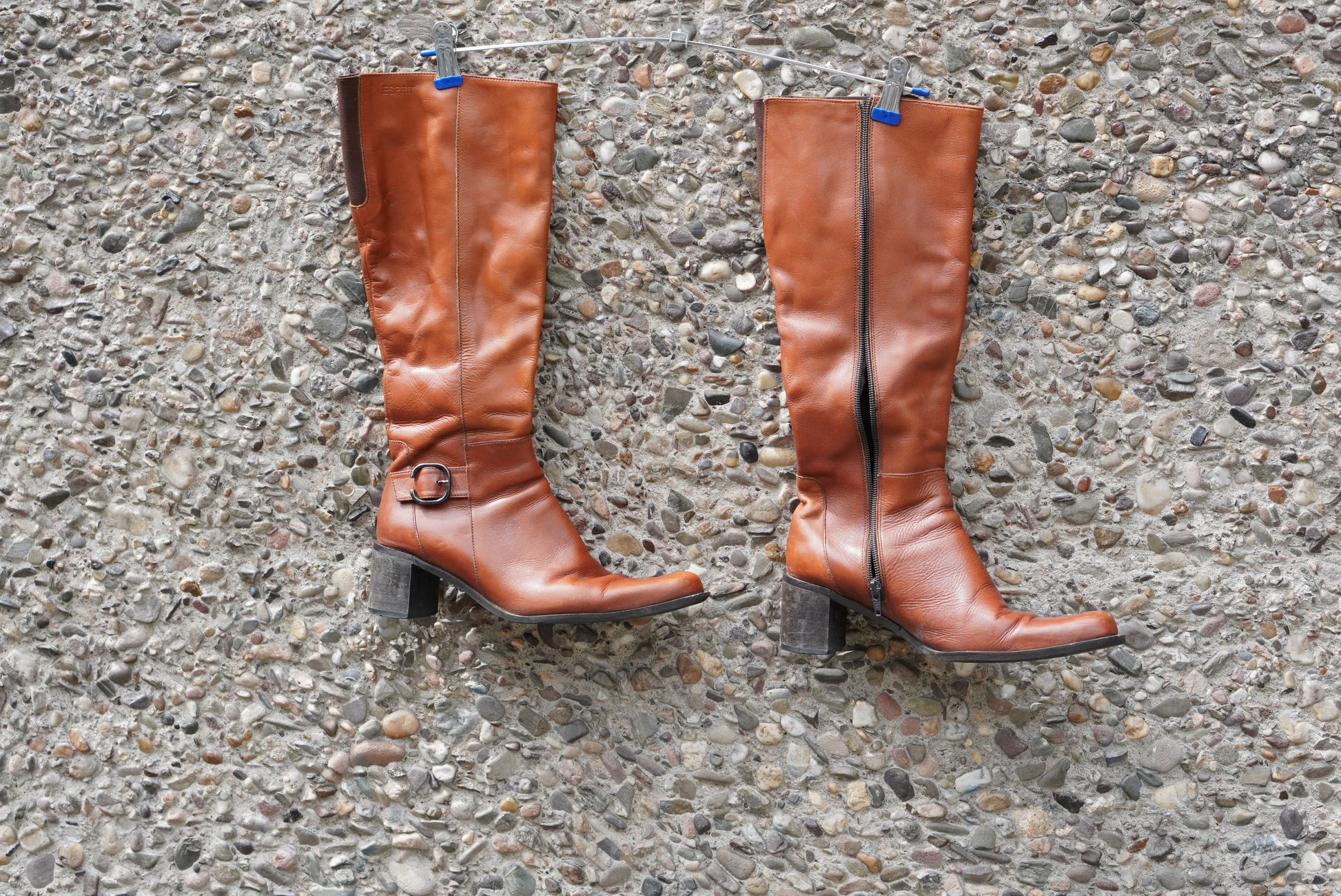 Vintage Esprit 90s Cognac Leather Knee High Boots Block Heel Almond Toe Size 38