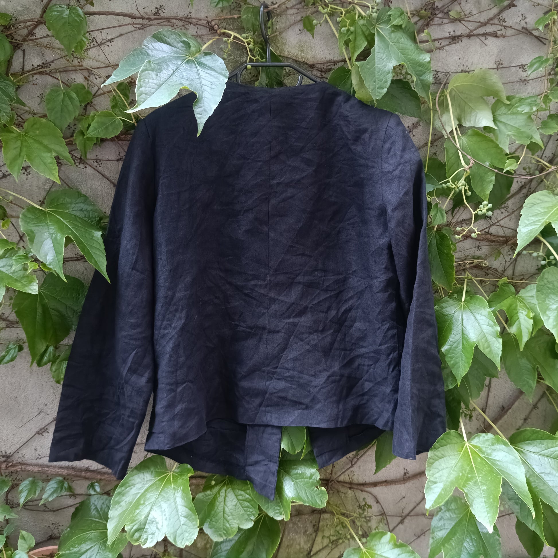 Linen Jacket 90s Minimalist Black Pleated Blazer Fits S EU 36