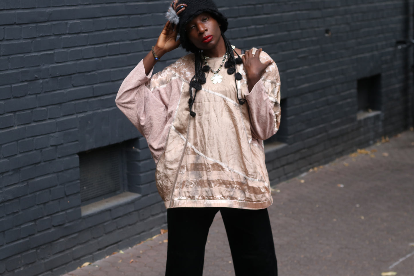 Vintage Patchwork Top 80s Batwing Blouse Beige Pink Fits M/L