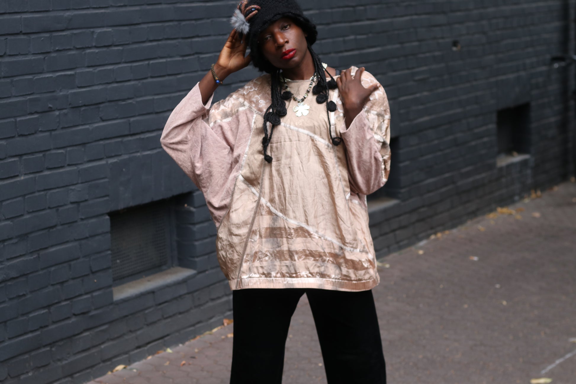 Vintage Patchwork Top 80s Batwing Blouse Beige Pink Fits M/L