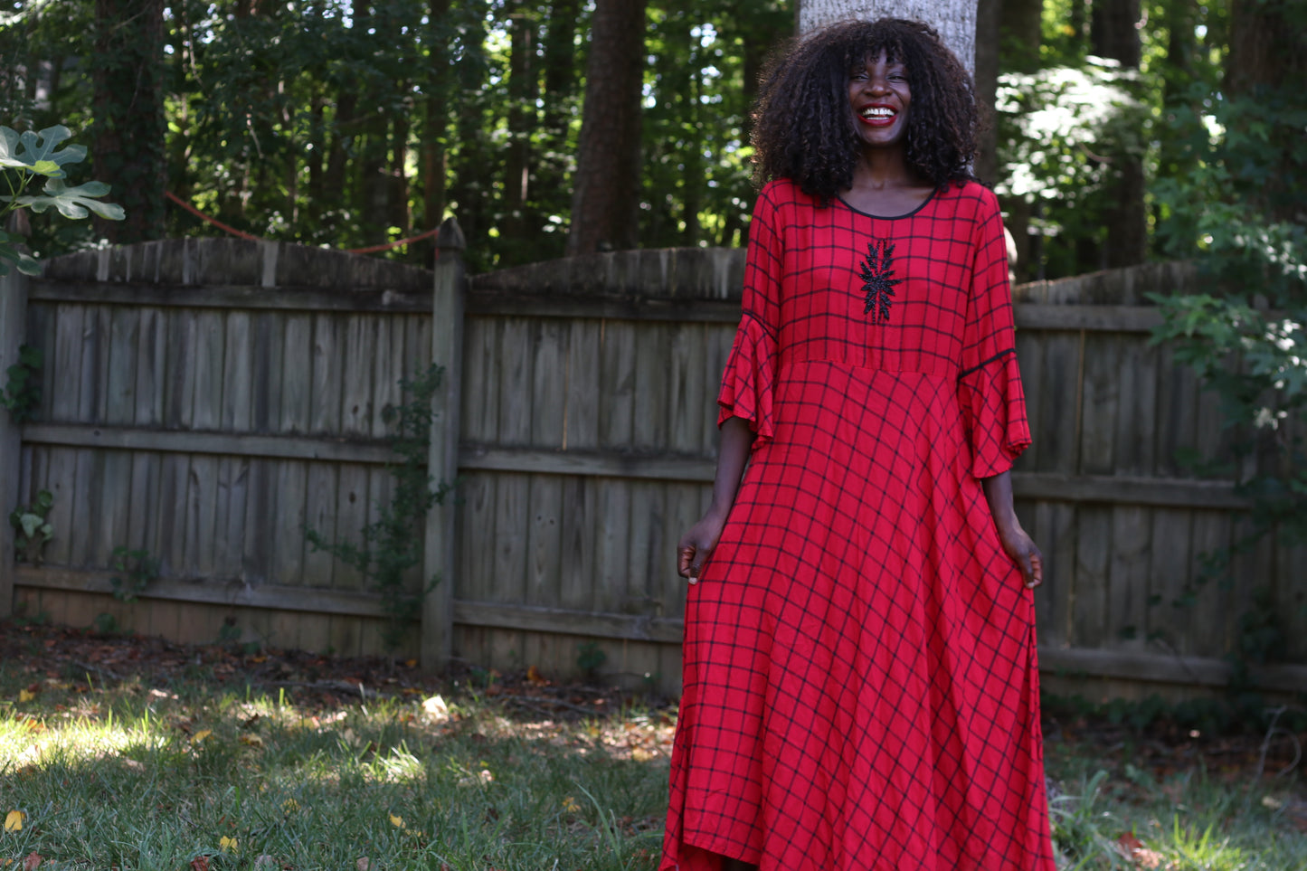Vintage 1990s Red Plaid Bell Sleeve Maxi Dress