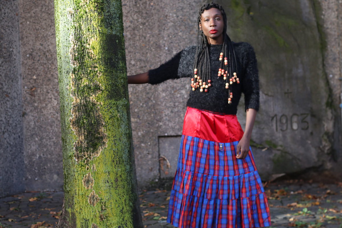 Vintage Tartan Midi Skirt 80s plaid tiered red blue fits L