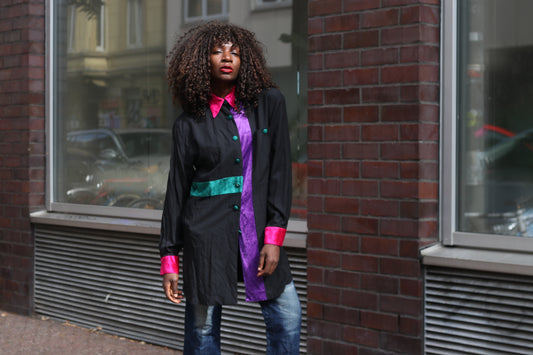 Vintage Colorblock Tunic Shirt | 80s Velvet Trim Blouse | Black Pink S/M