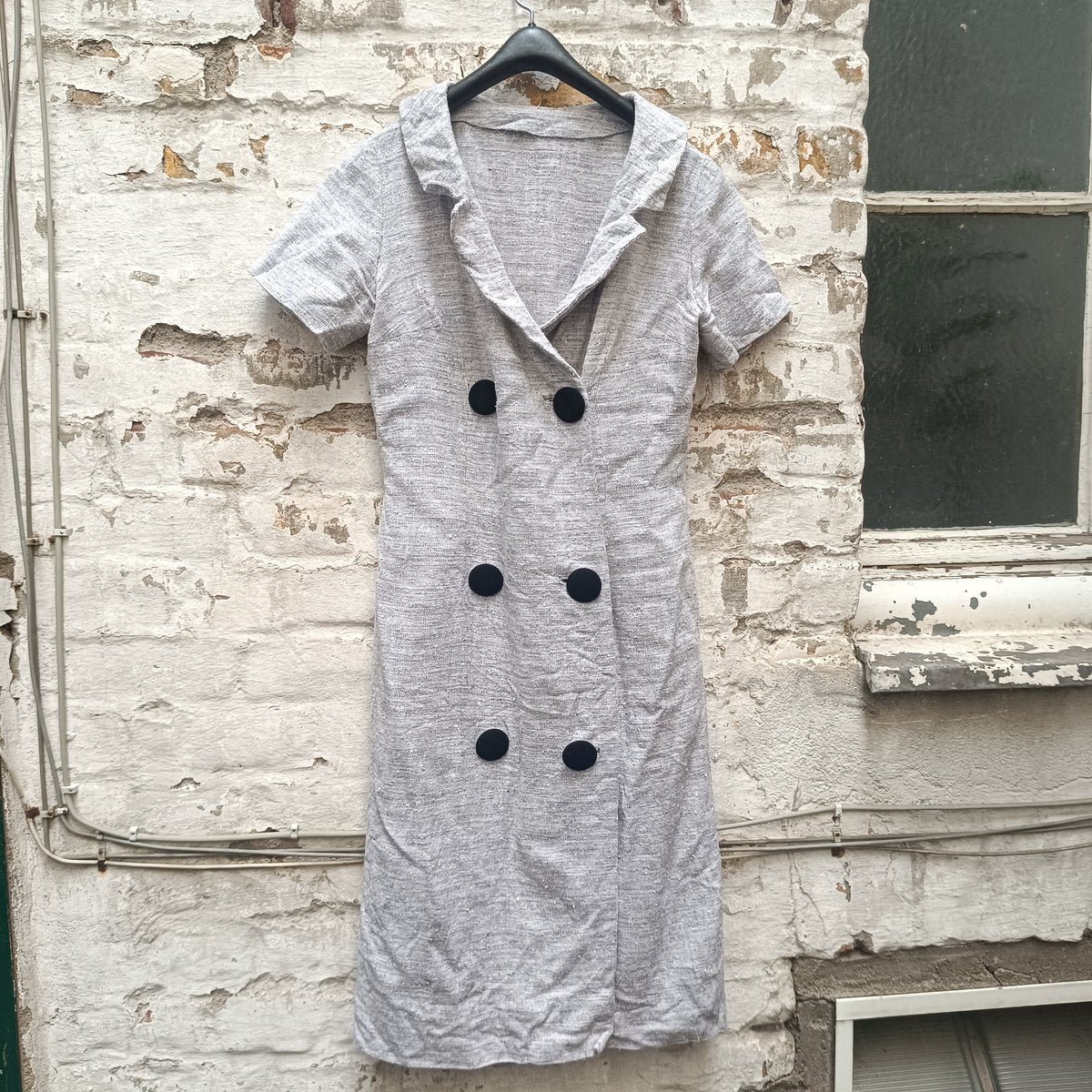 Linen Look Dress | 70s Vintage Double Breasted Midi | Light Grey S/M