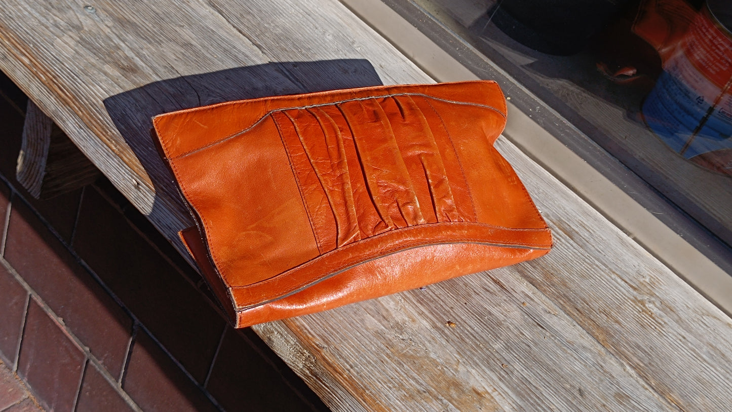 Vintage 1970s Tan Leather Clutch Bag - Retro Cutout Handle Purse