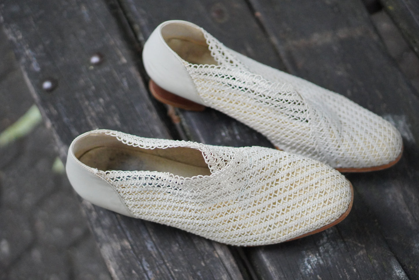 Anna K Vintage 1980s White Mesh Crochet Woven Block Heel Pumps Summer Shoes Size 39