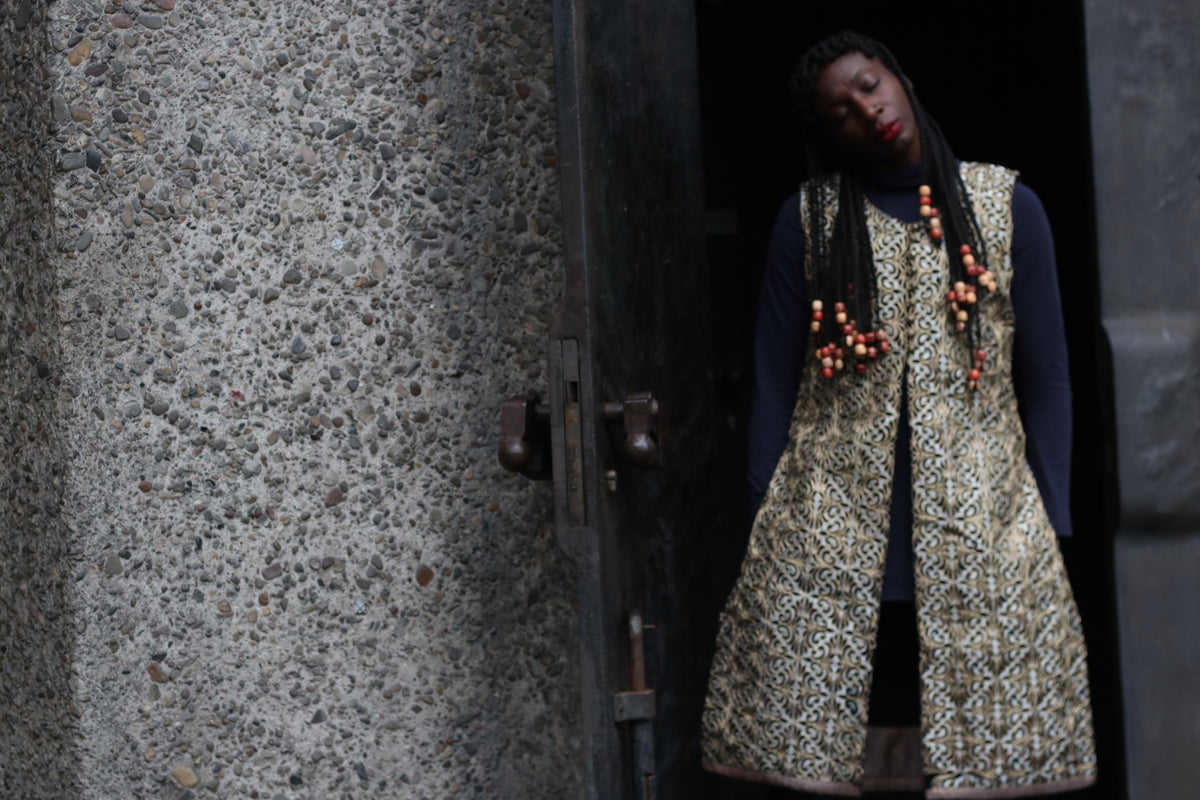 Vintage Gold Embroidery Vest Coat - 90s Metallic Brocade Long Waistcoat | M