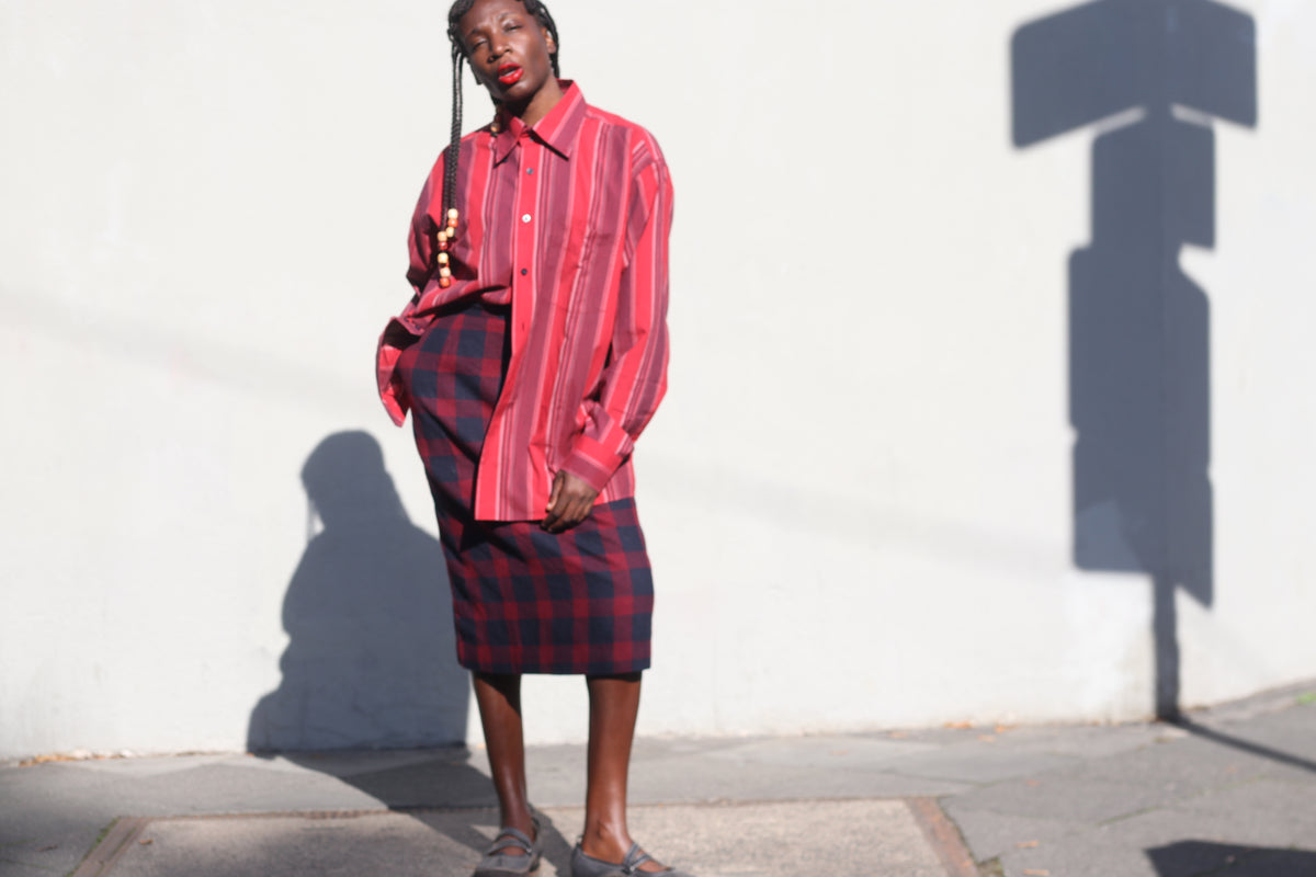 Vintage Plaid Wool Pencil Skirt | 90s Red Navy Midi Skirt XS to S