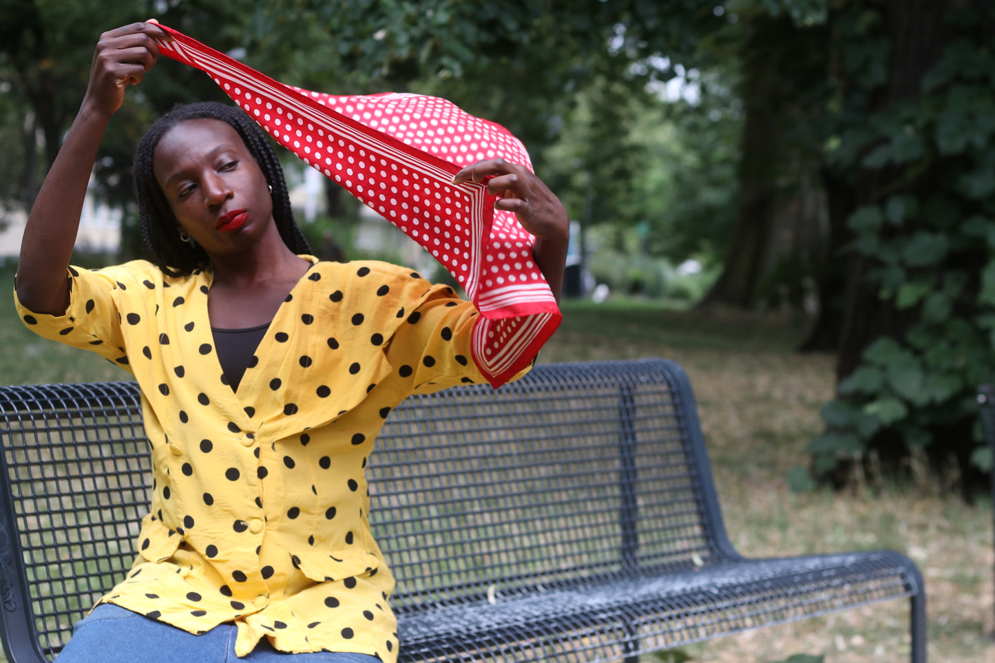 Vintage 1970s Red Polka Dot Scarf Square White Striped Border Head Neck Scarf