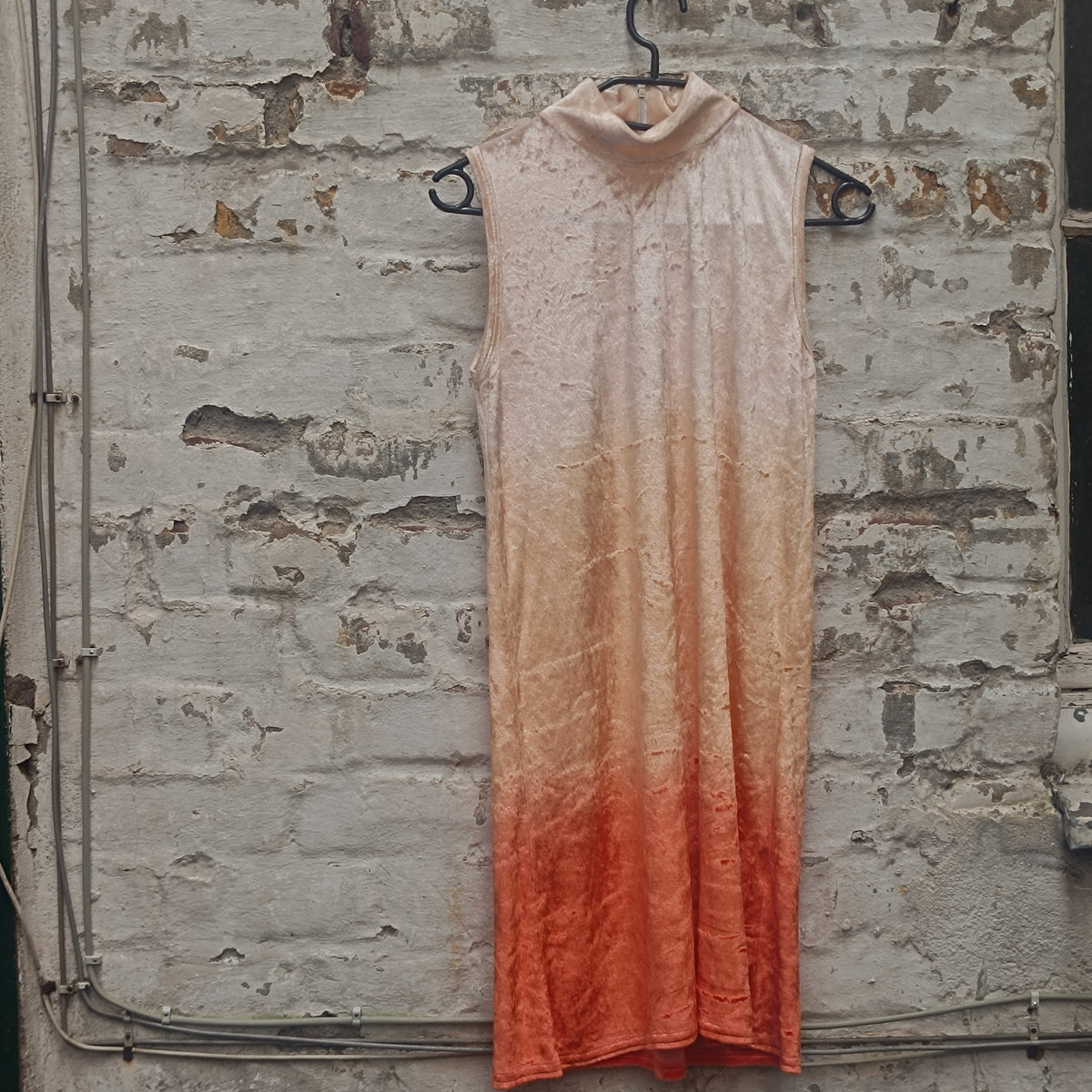 Vintage Ombre Velvet Mini Dress - 90s Peach Mock Neck Shift XS S