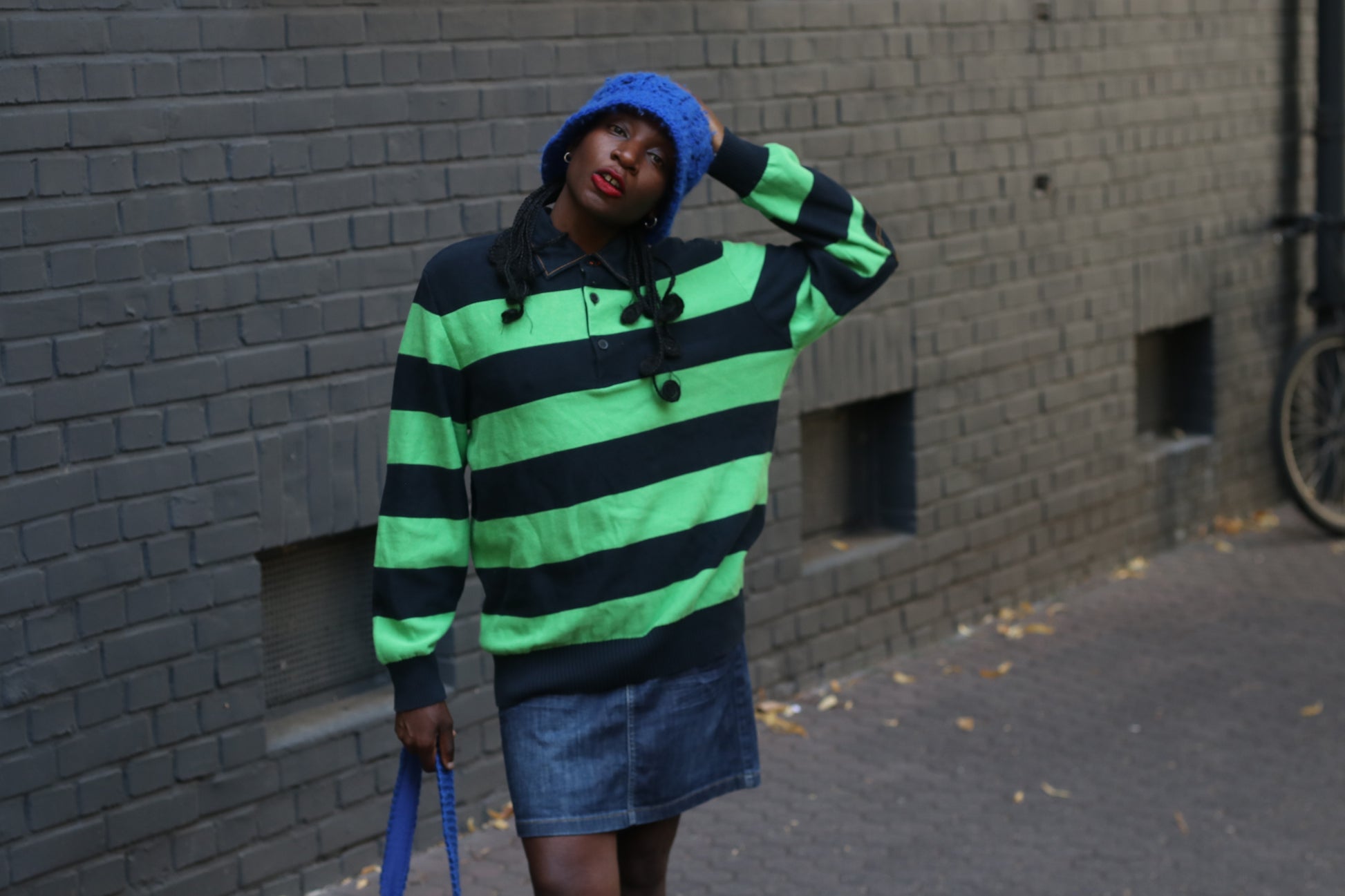 Vintage Bogner Stripe Jumper | Navy & Lime Green Cotton Knit | Fits M