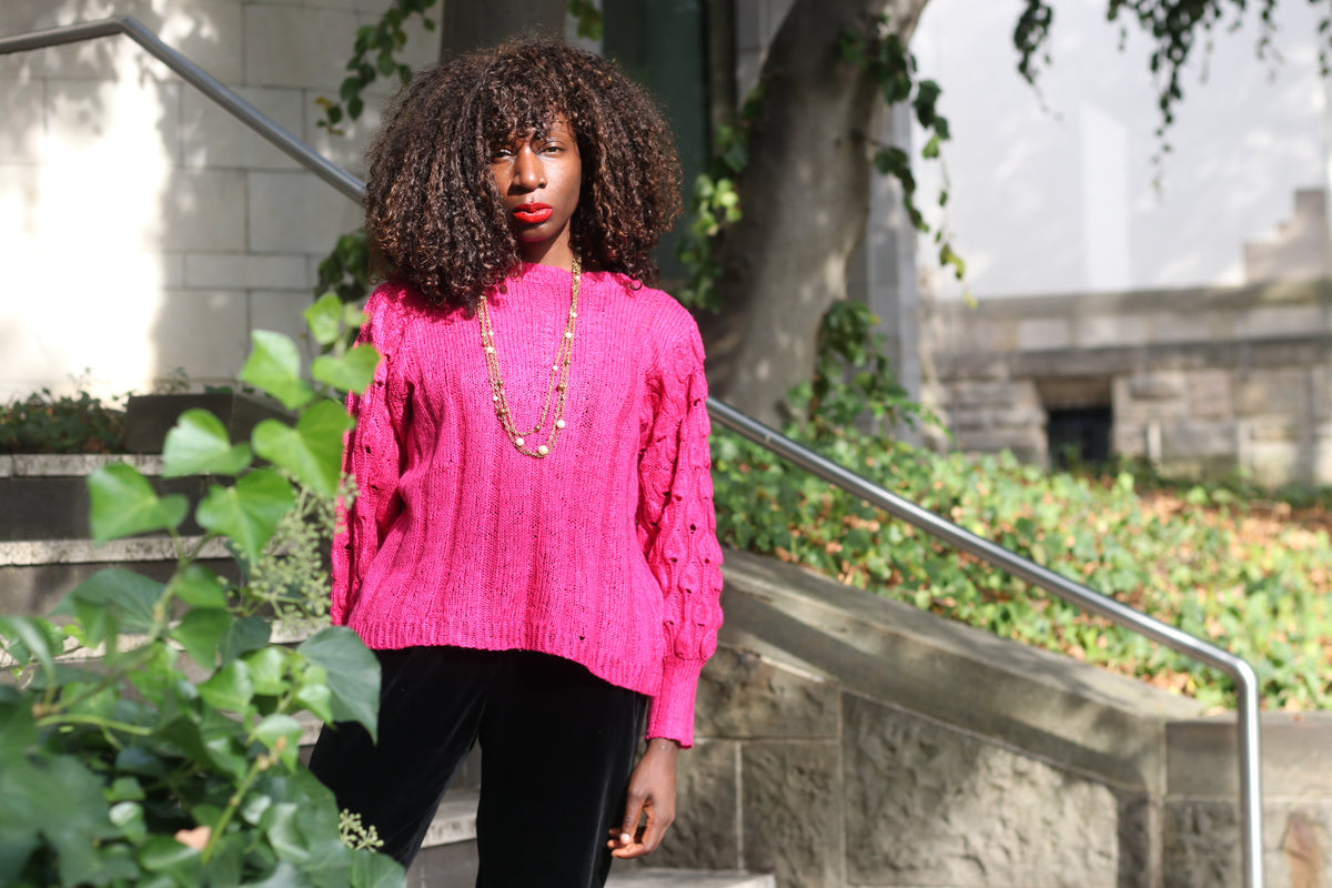 Vintage Magenta Knit Jumper - 1980s Fuchsia Knitwear Sweater | S/M
