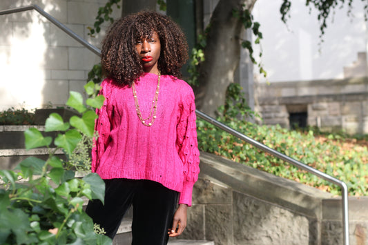 Vintage Magenta Knit Jumper - 1980s Fuchsia Knitwear Sweater | S/M