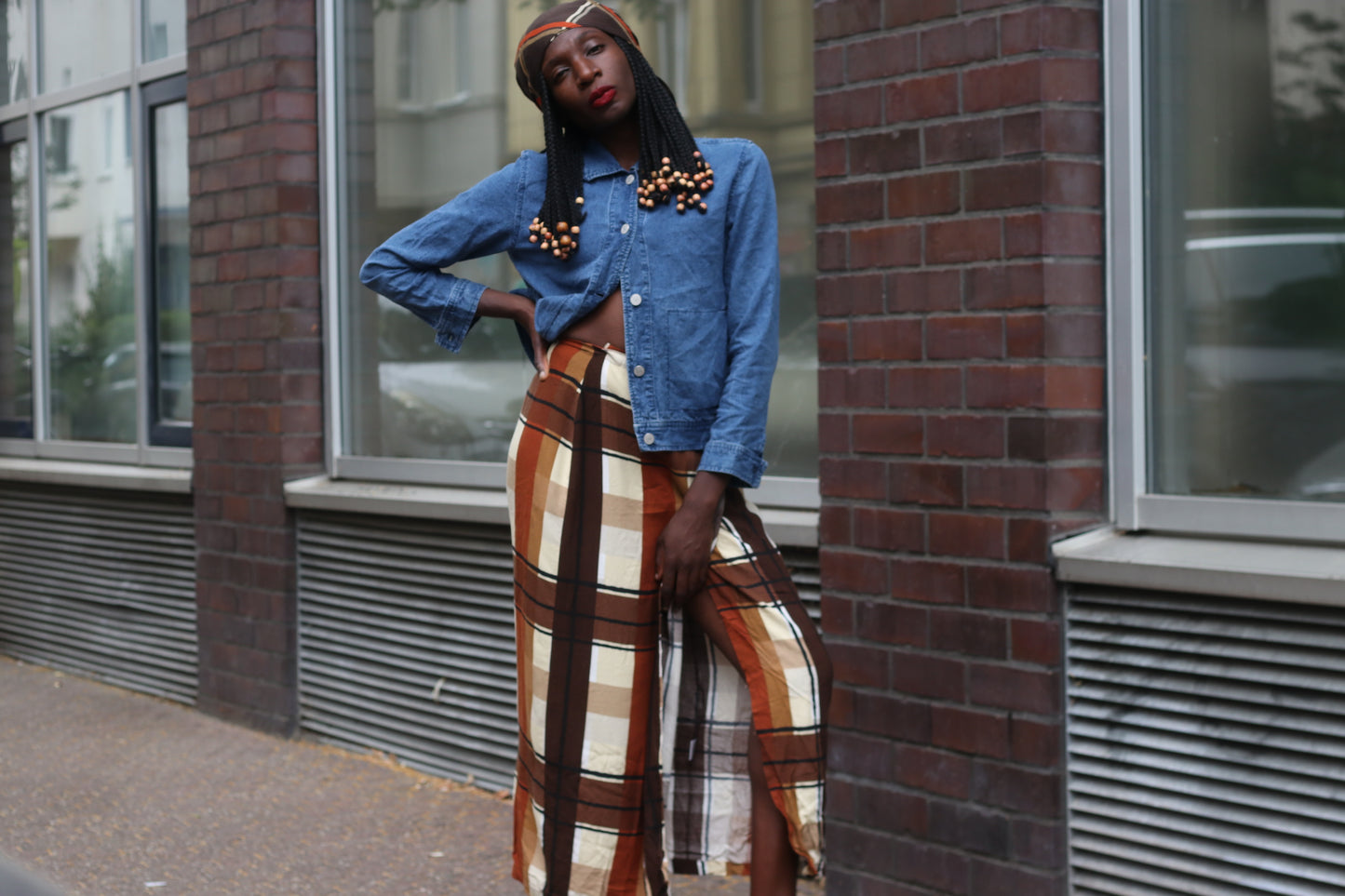 Vintage Vero Moda Plaid Wrap Skirt Brown Check Maxi Long Fall Autumn Aesthetic