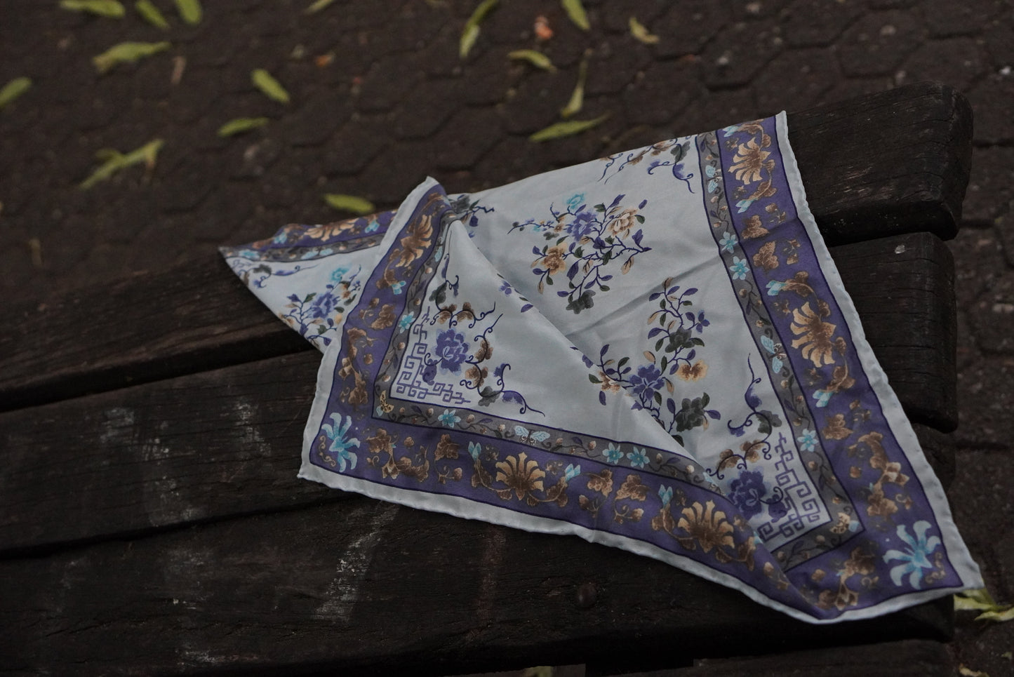 Vintage Pure Silk Scarf Blue Floral Neckerchief Italian Silk Bandana Square Head