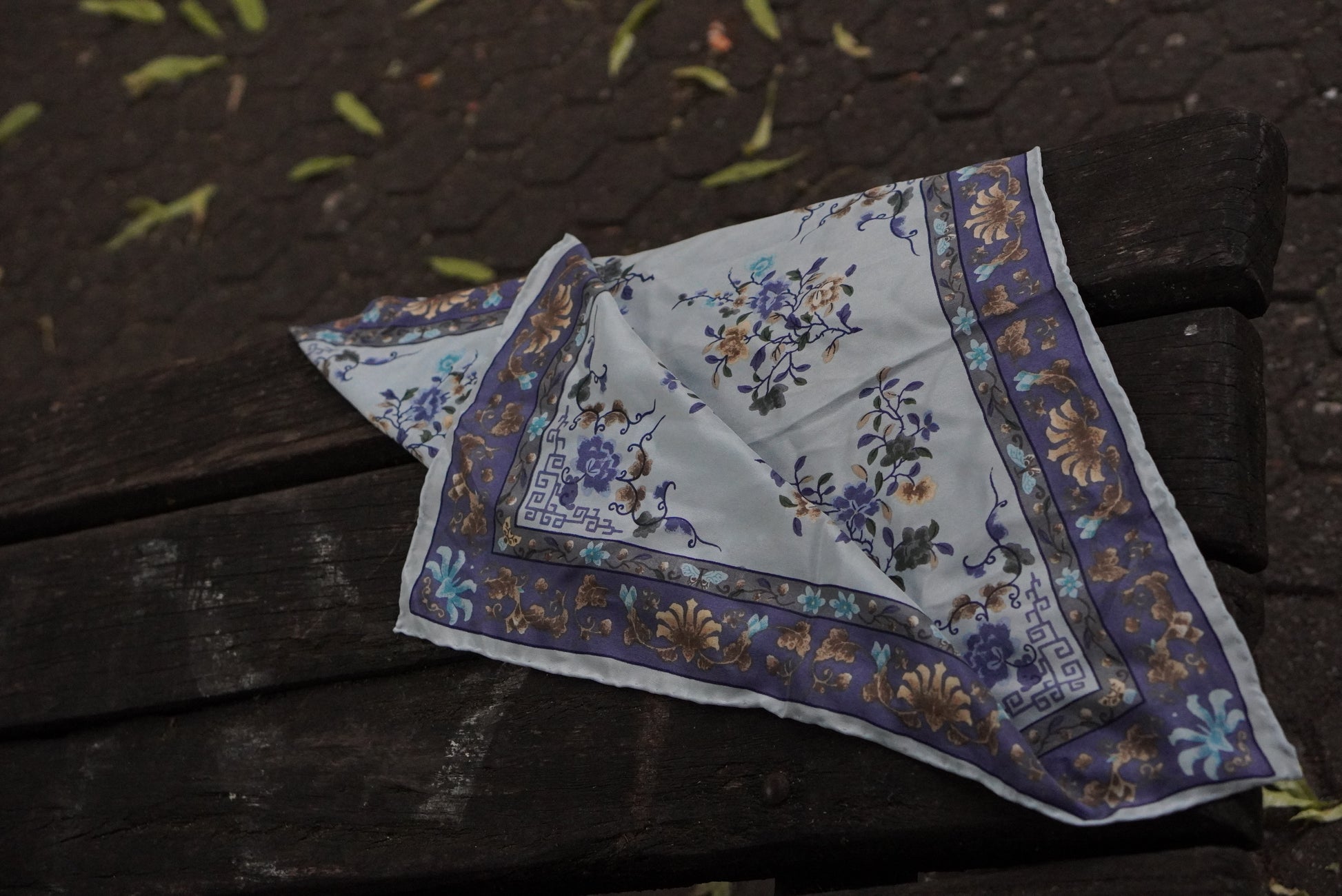 Vintage Pure Silk Scarf Blue Floral Neckerchief Italian Silk Bandana Square Head