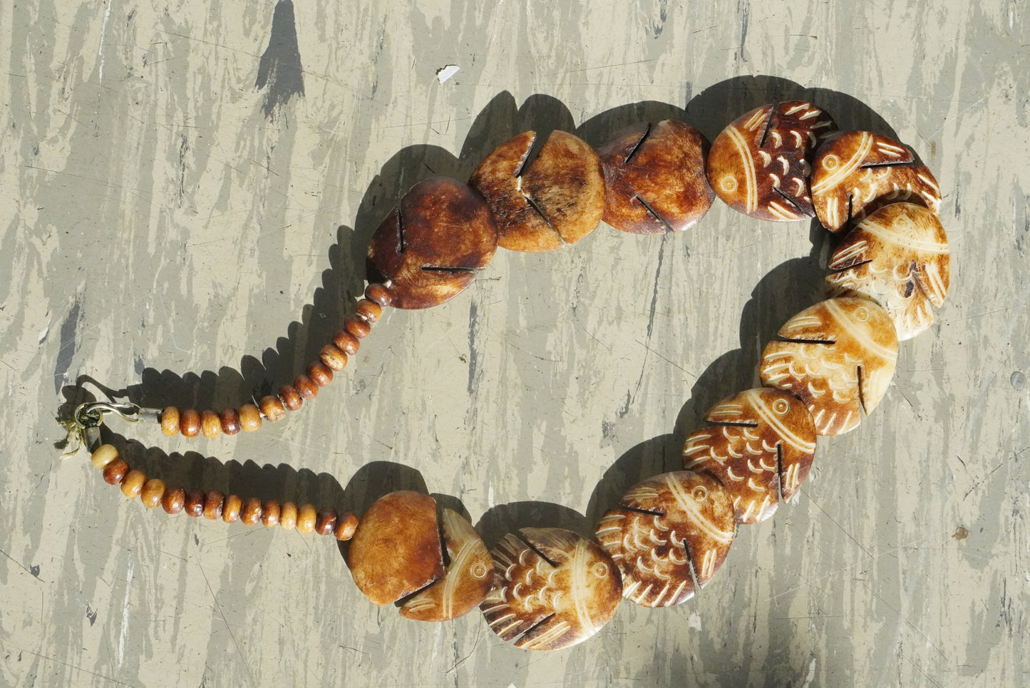 Vintage Carved Fish Necklace | Boho Brown Coconut Shell Tiki Jewelry