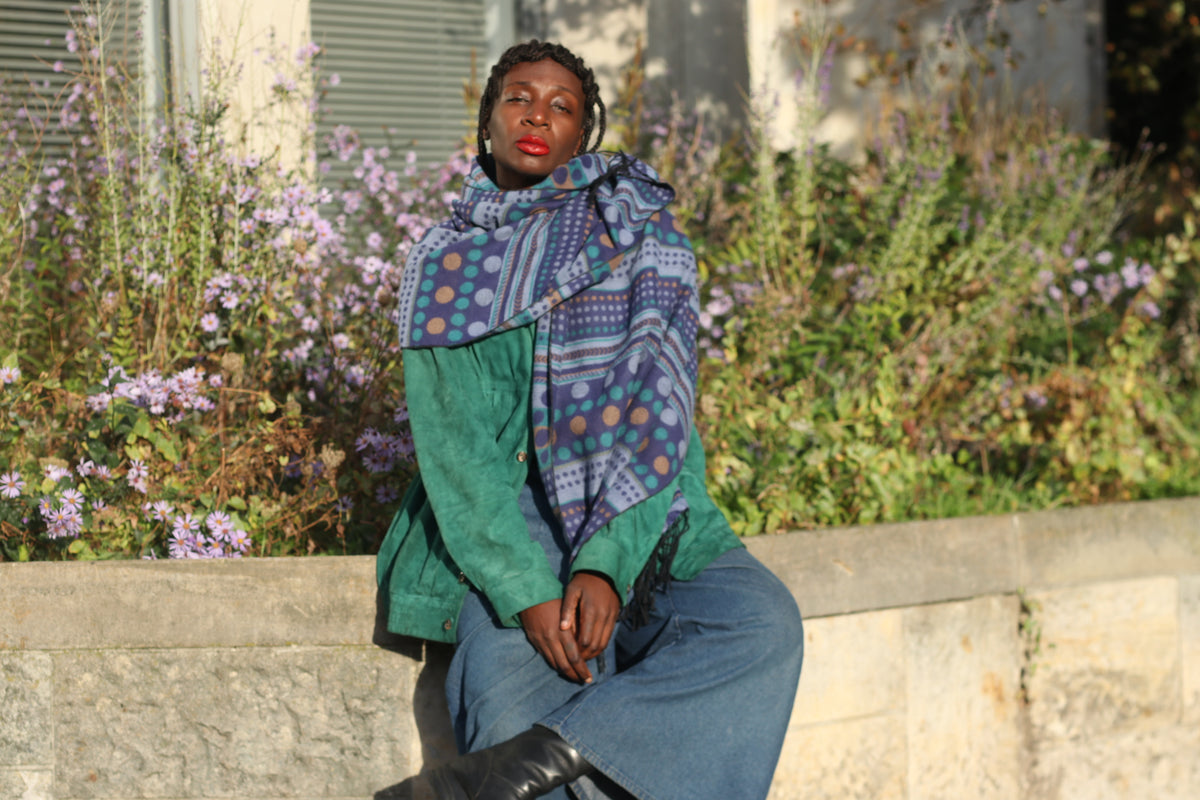 Vintage Fringe Scarf | 80s Patterned Acrylic Shawl - Blue Green One Size