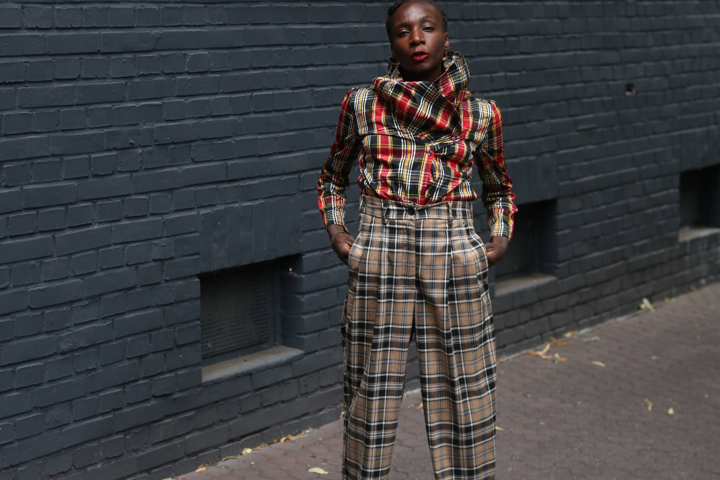 Vintage 90s Plaid Blouse - Red Tartan Draped Collar Shirt Raybold