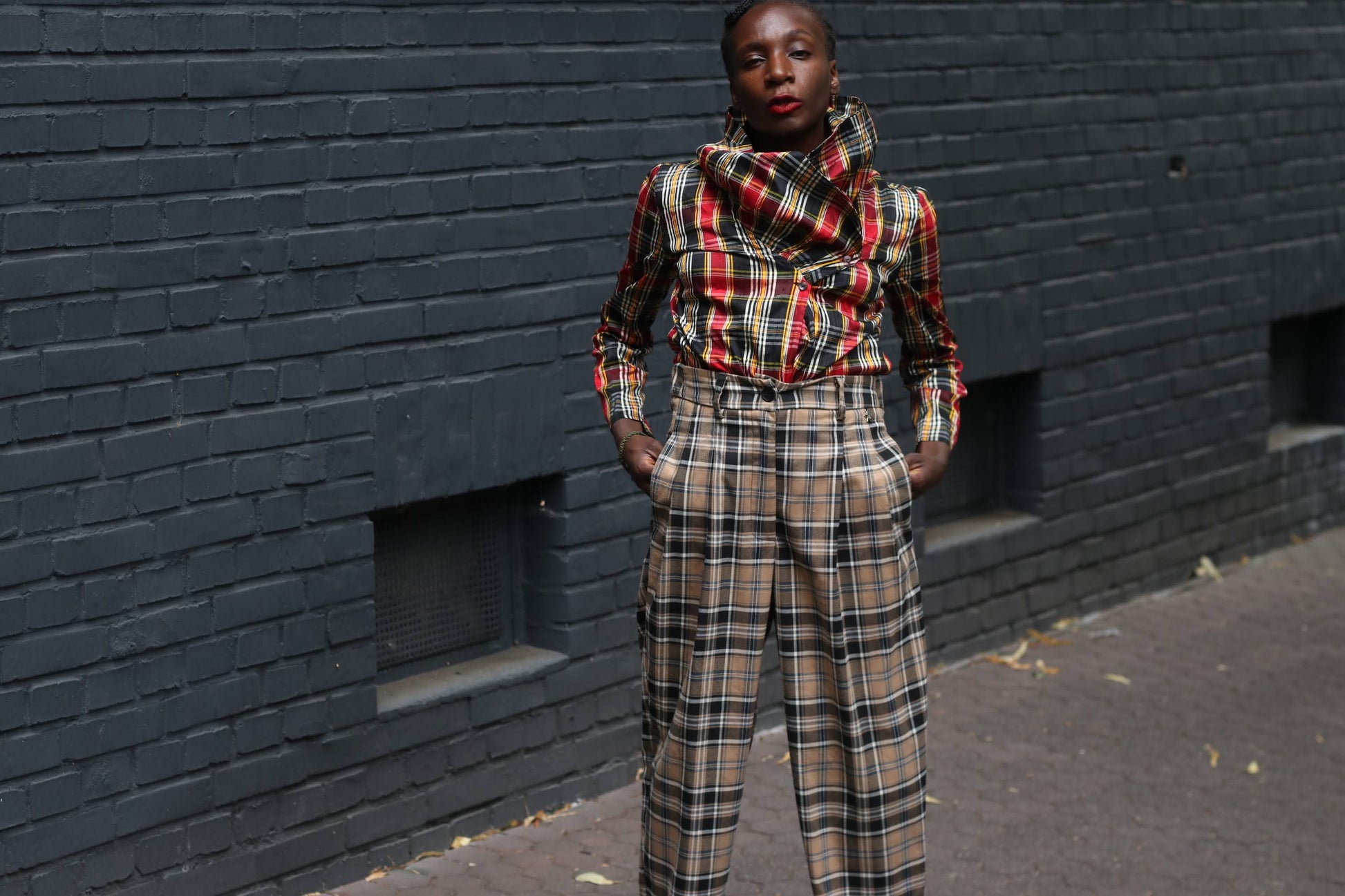 Vintage 90s Plaid Blouse - Red Tartan Draped Collar Shirt Raybold