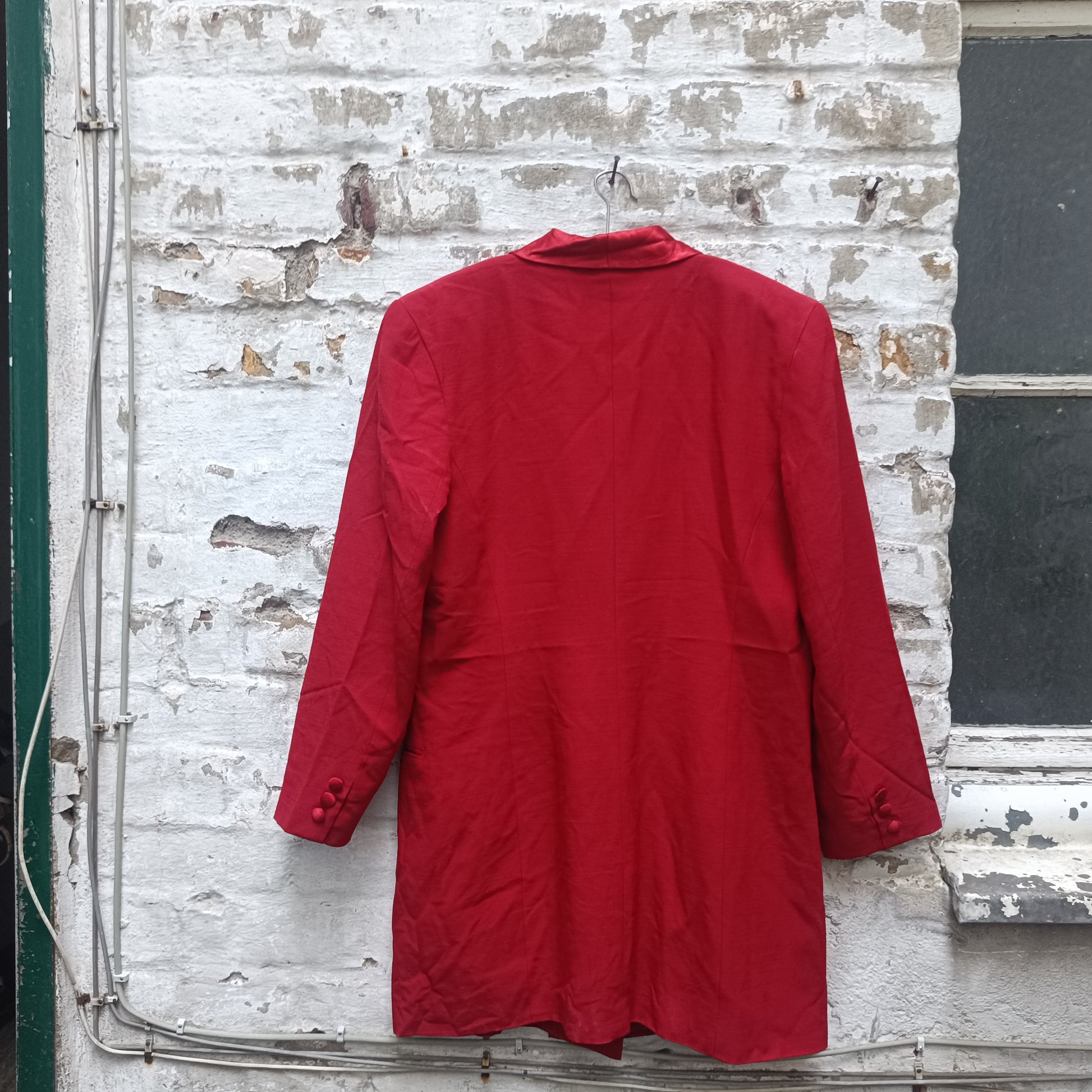 Vintage Red Tuxedo Blazer | 80s Satin Shawl Collar Evening Coat | M