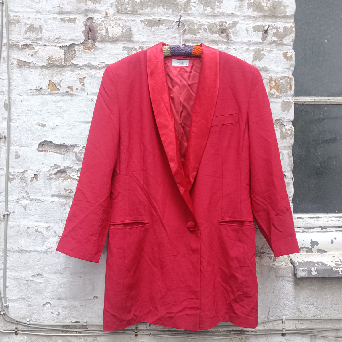 Vintage Red Tuxedo Blazer | 80s Satin Shawl Collar Evening Coat | M