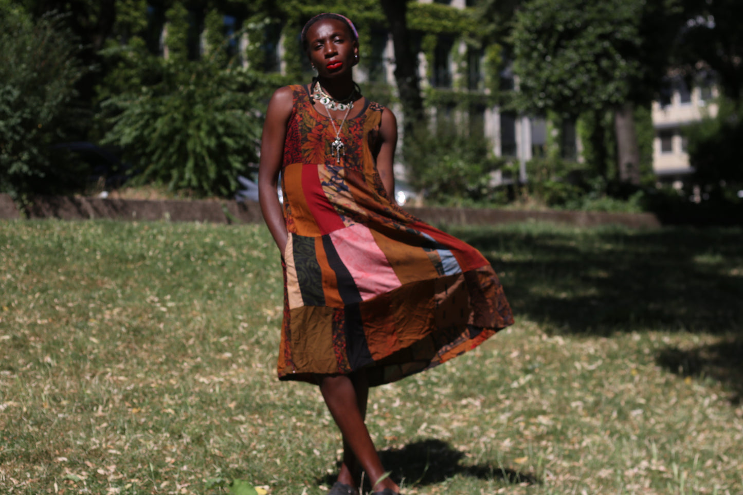 Vintage 90s Patchwork Dress Boho Earthy Midi Grunge Hippie Sleeveless Sundress