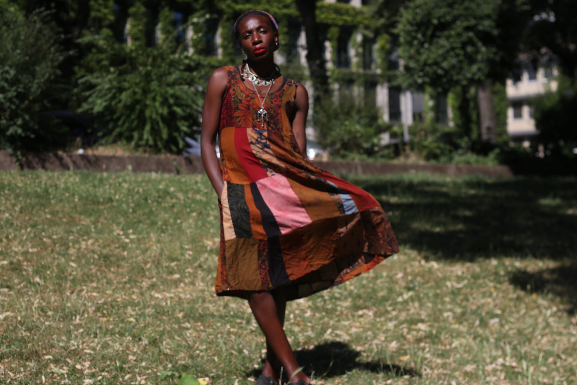 Vintage 90s Patchwork Dress Boho Earthy Midi Grunge Hippie Sleeveless Sundress