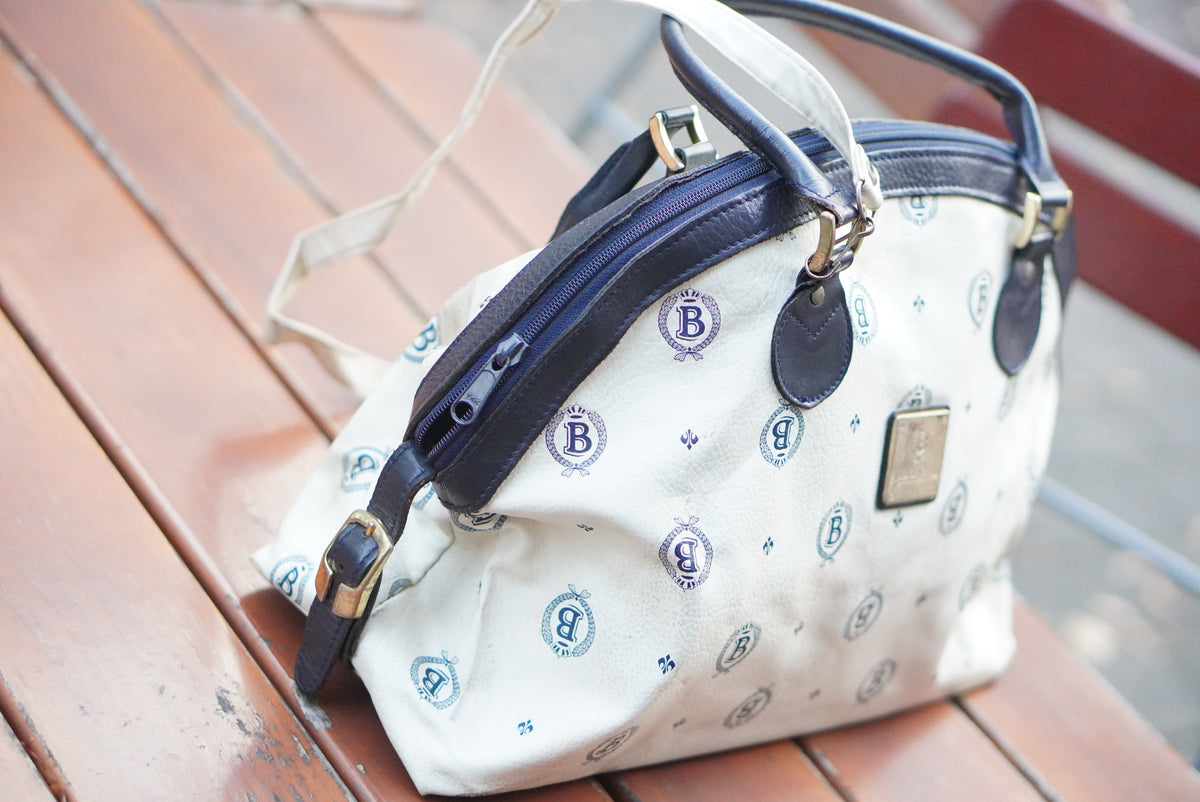 Vintage Michael Bocheim Monogram Boston Bag | 90s Chic Cream & Navy Handbag