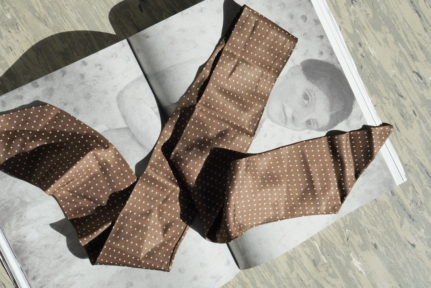 Vintage Brown Polka Dot Silk Scarf Neck Tie Ribbon Pussy Bow Hair Band Headband